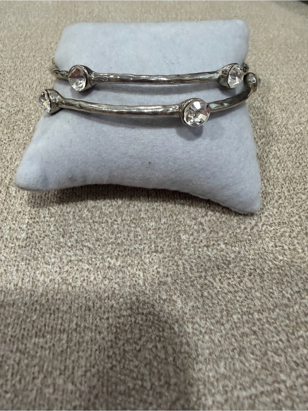 Hammered Silver Bangle Bracelet Set with Clear Crystal Accents